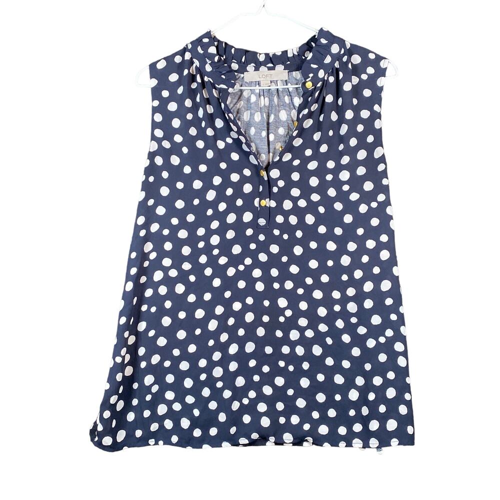 LOFT Womens Blouse Blue White Polka Dot VNeck Henley Tank Flowy Sleeveless S